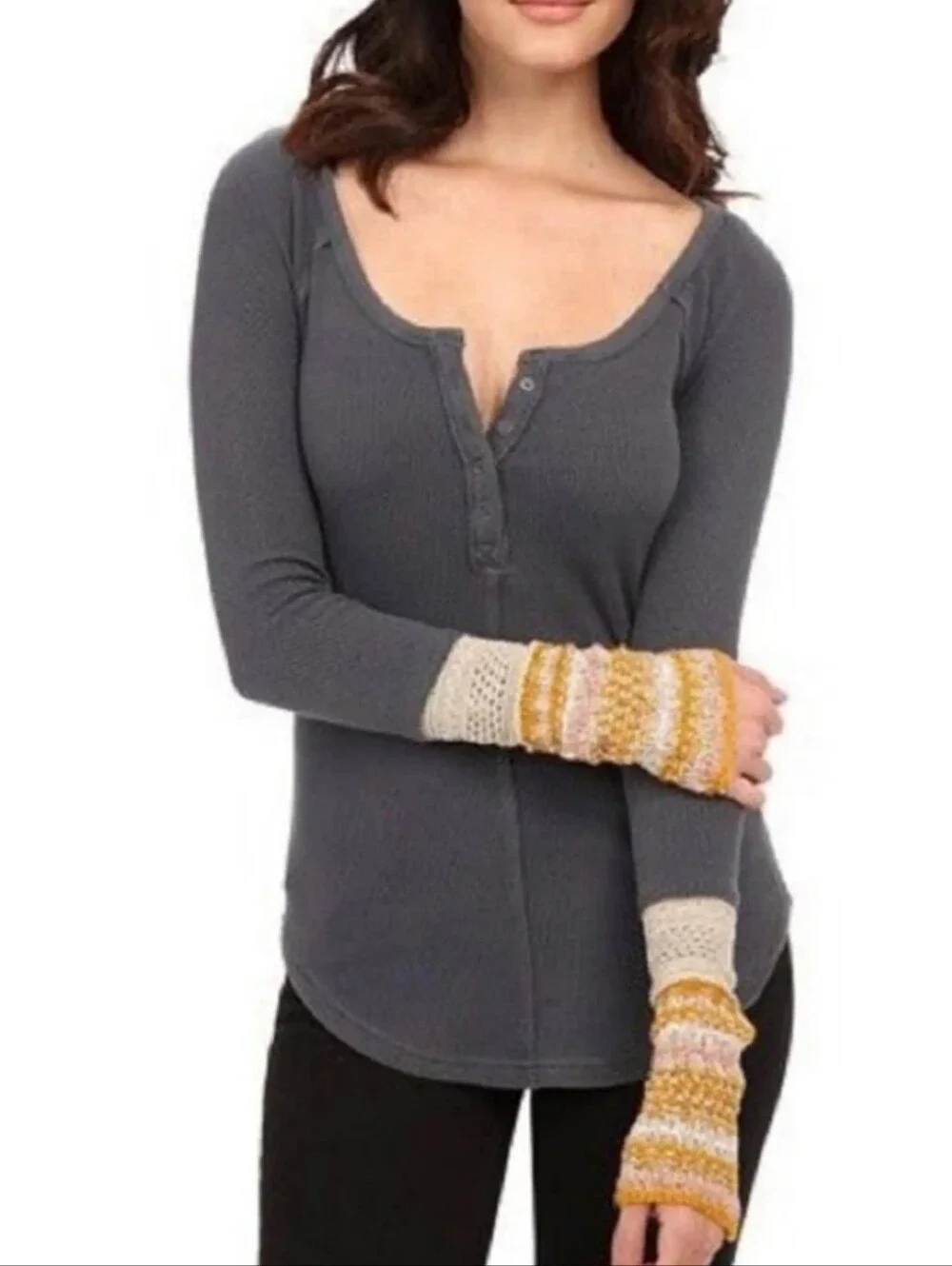 Free People Ski Lodge Alpine Cuff Gray Long Sleeve Henley Yellow Knit